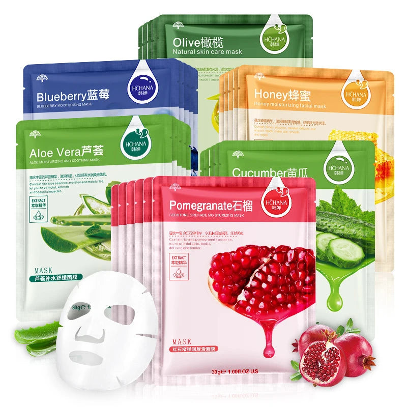 30pcs Fresh Fruits Facial Masks – Hydrating, Firming & Korean Skincare Pack